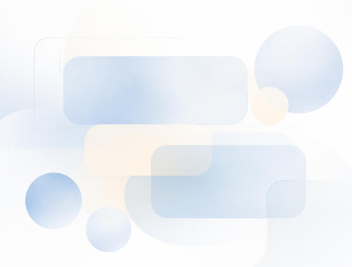 Soft abstract graphic of overlapping question shapes in blue and neutral tones