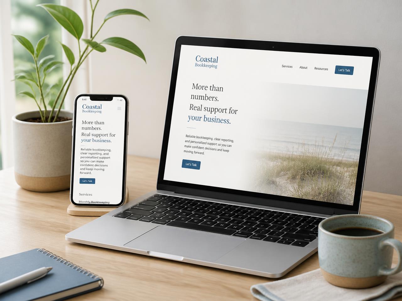 A laptop and phone on a desk showing a clean small business website design