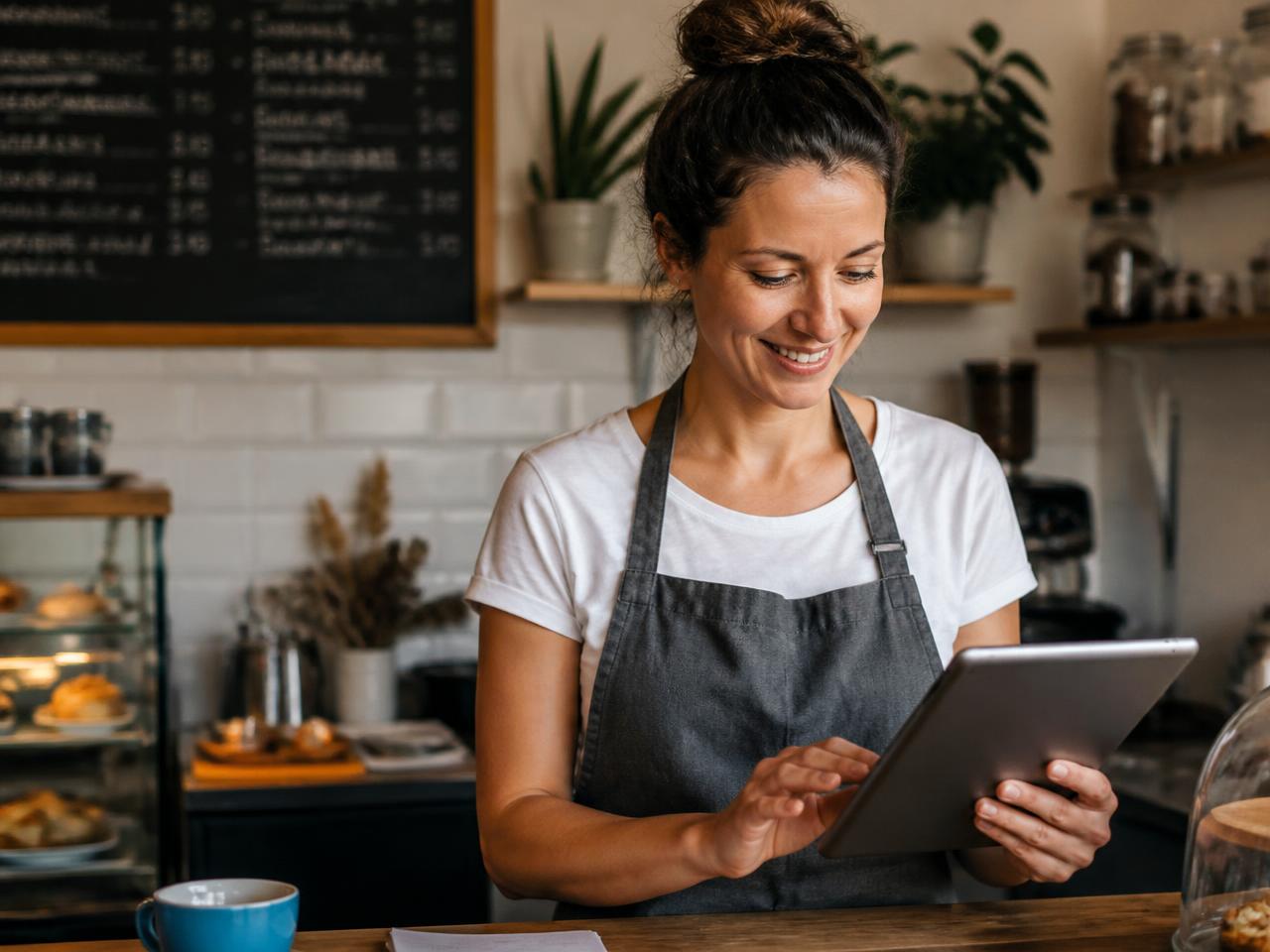 A local cafe owner smiling while looking at her website on a tablet