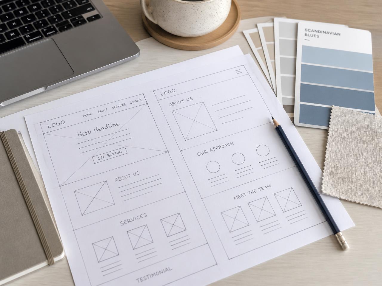 Hand drawn website layout sketches next to colour swatches and a laptop