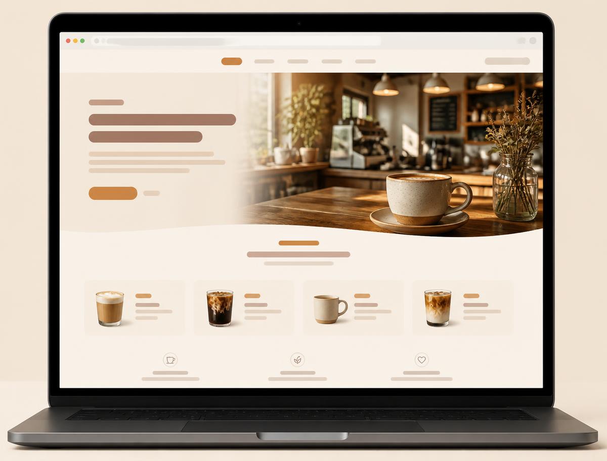 Concept homepage design for a coffee shop in warm caramel and cream tones