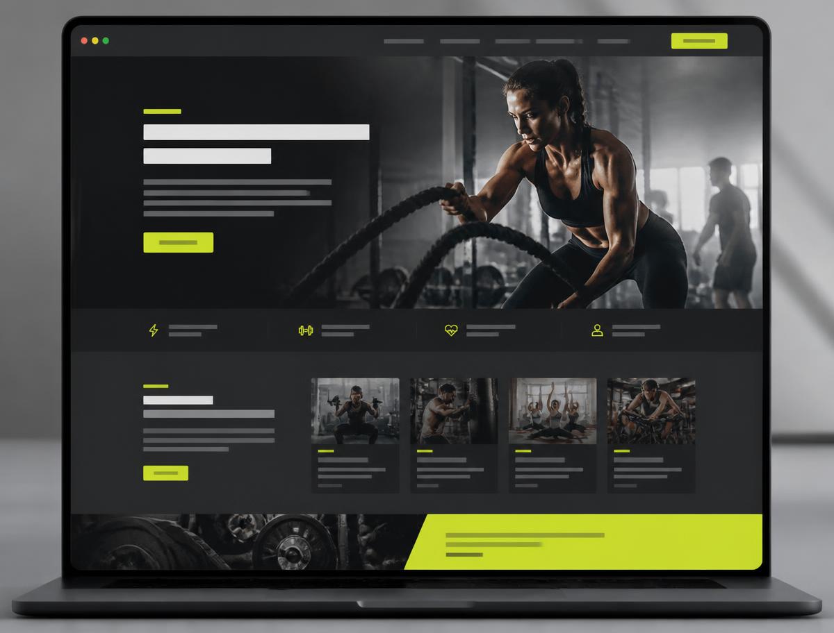 Concept homepage design for a fitness gym in dark charcoal with a bright accent color