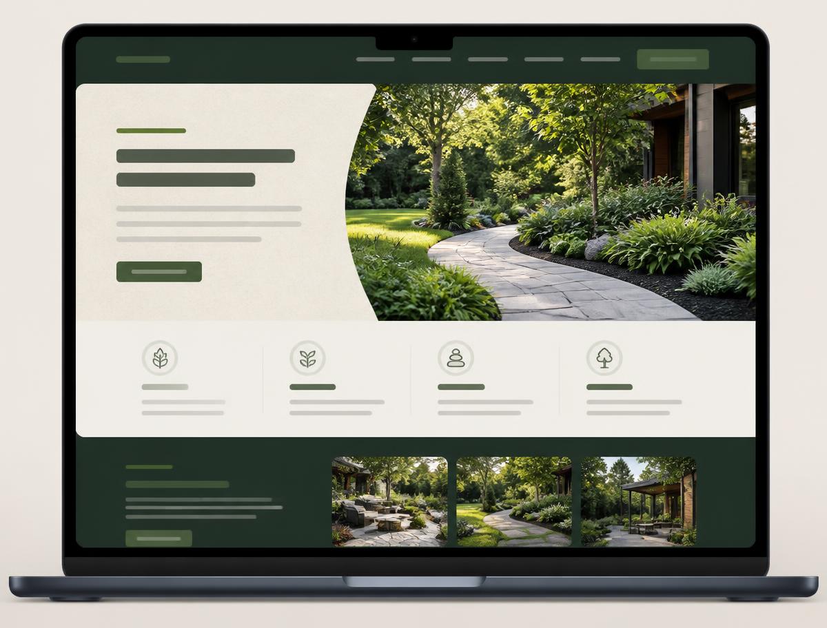 Concept homepage design for a landscaping company in deep green and light stone tones