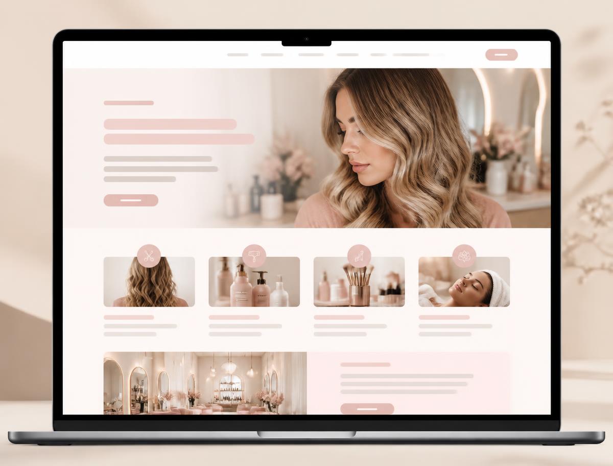 Concept homepage design for a hair and beauty salon in soft blush and neutral tones